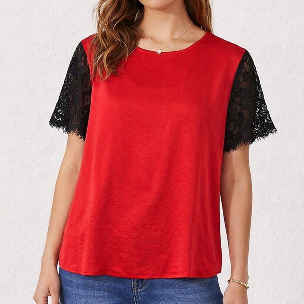 New Anthropologie Medium M Current Air Red Hammered Satin Lace Sleeve Top Blouse